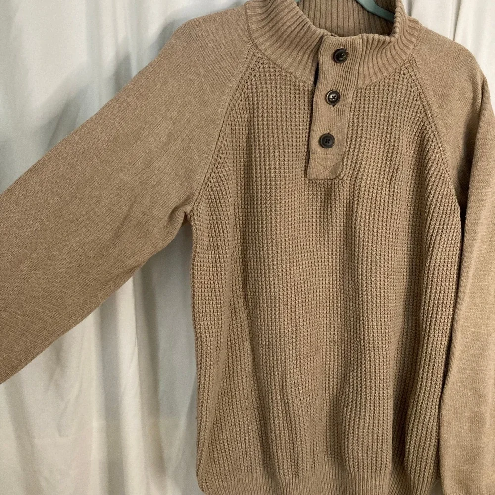 Weatherproof Vintage Henley Sweater Tan Waffle Knit Mock Neck L Gorpcore Prep